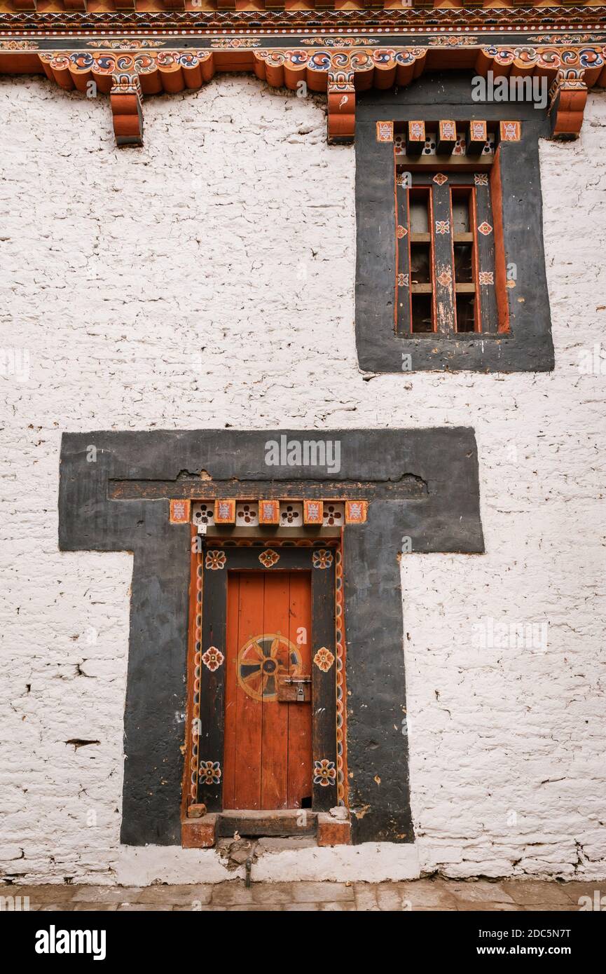 Trongsa, Bhutan, 06 Nov 2011: Interesting unique architecture details in Trong sa Dzong. Stock Photo