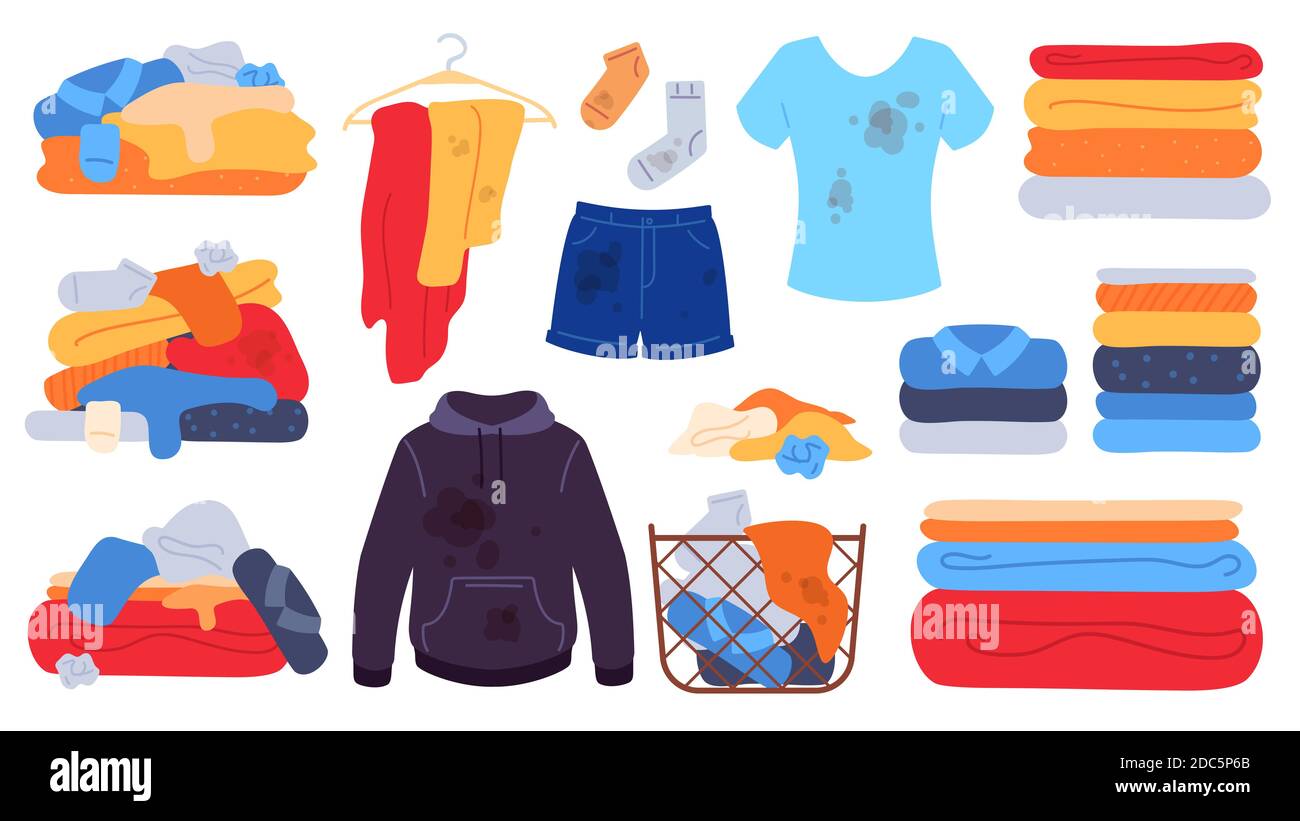 Dirty and clean clothes. Flat laundry basket, jeans, tshirt and socks