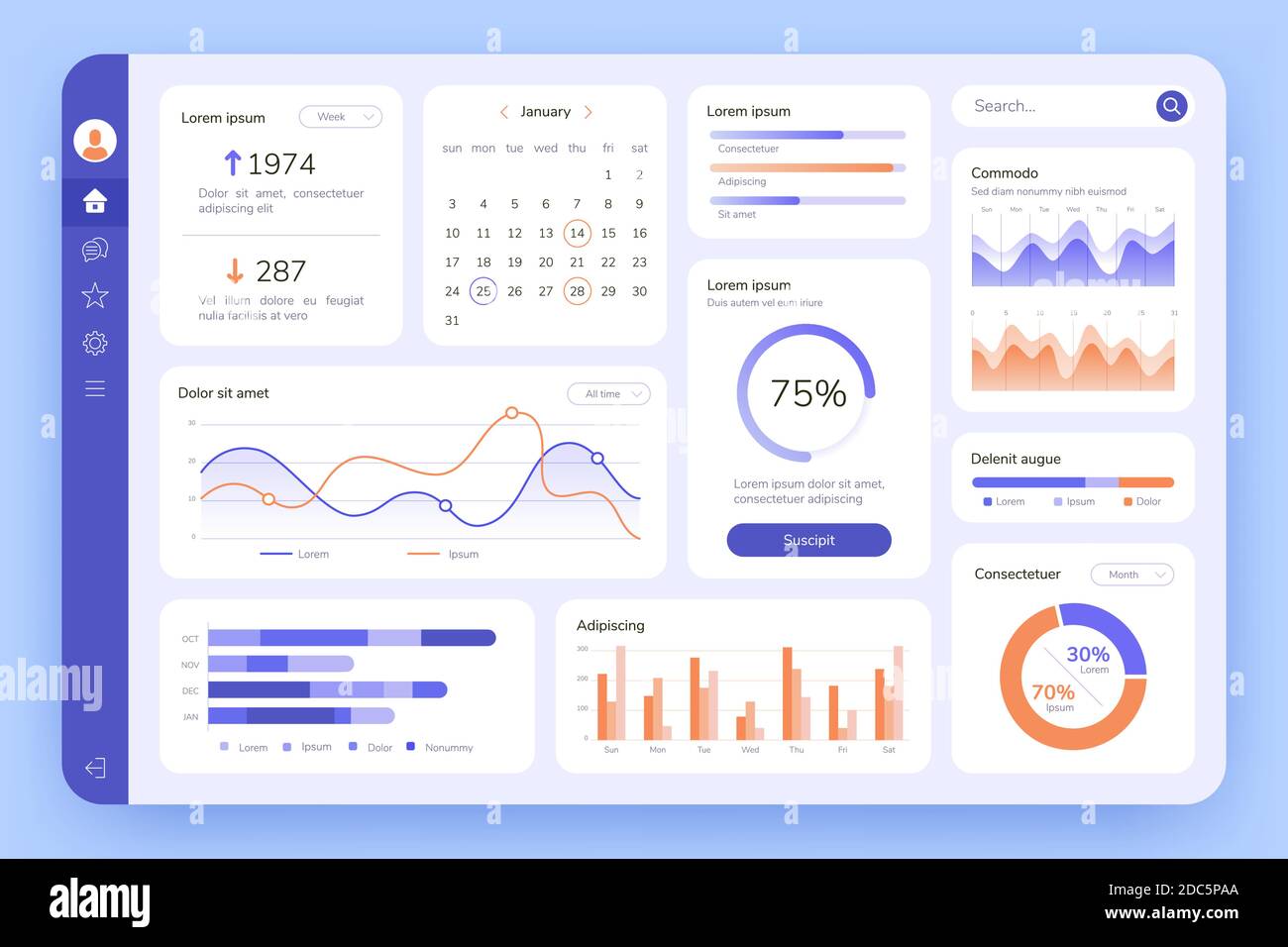 Dashboard. UI infographic, data graphic and chart. Screen with business analytics. Admin statistical software, web interface vector template Stock Vector