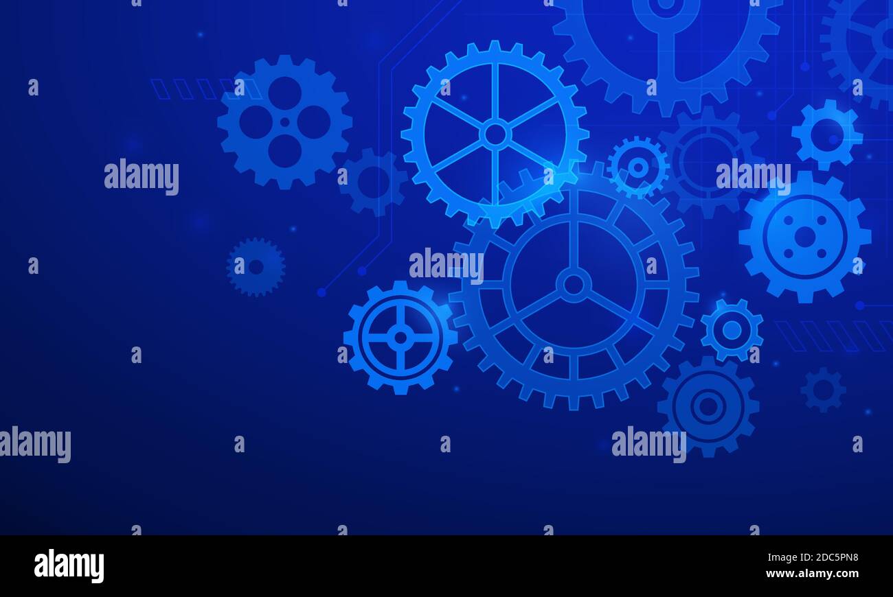 Gears background. Abstract blue futuristic graphic with cogs and wheels system. Digital it and engineering. Future technology vector concept Stock Vector