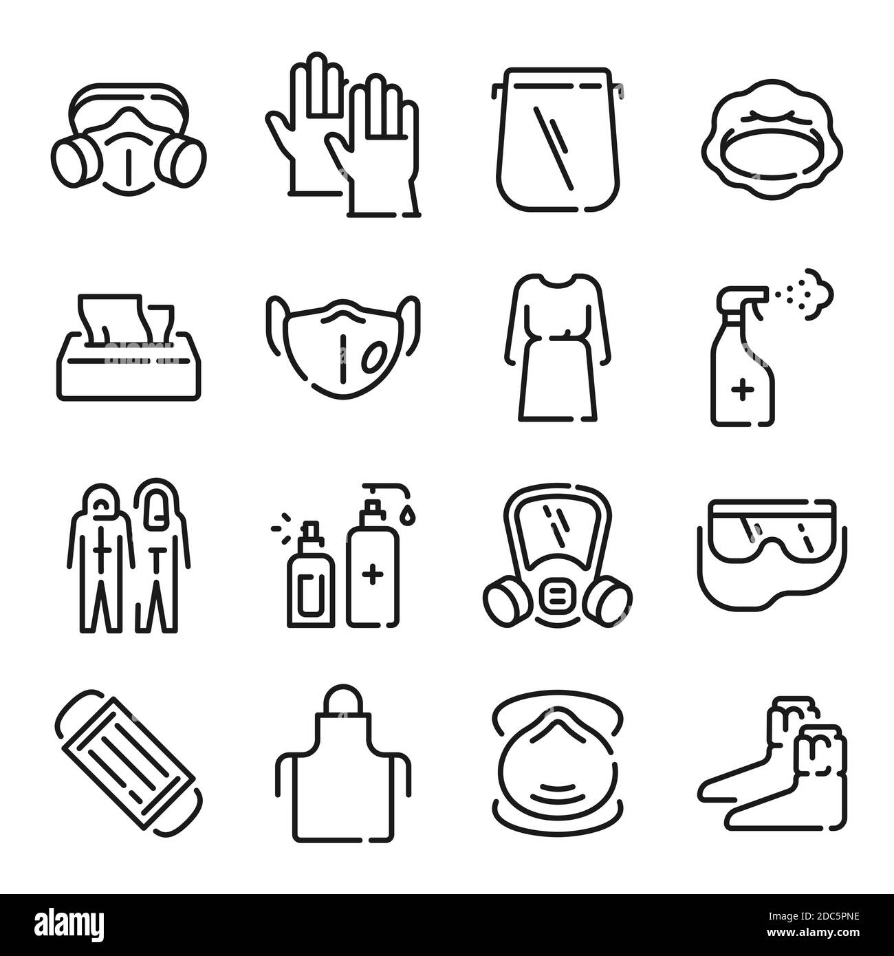 Ppe line icons. Medical covid-19 protection equipments. Outline doctor gown, face mask and shield, hair cover, apron and goggles. Vector set Stock Vector