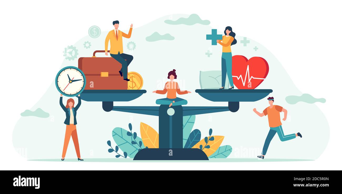 Health and work on scales. People balance job, money and sleep. Comparison business stress and healthy life. Tiny employees vector concept Stock Vector