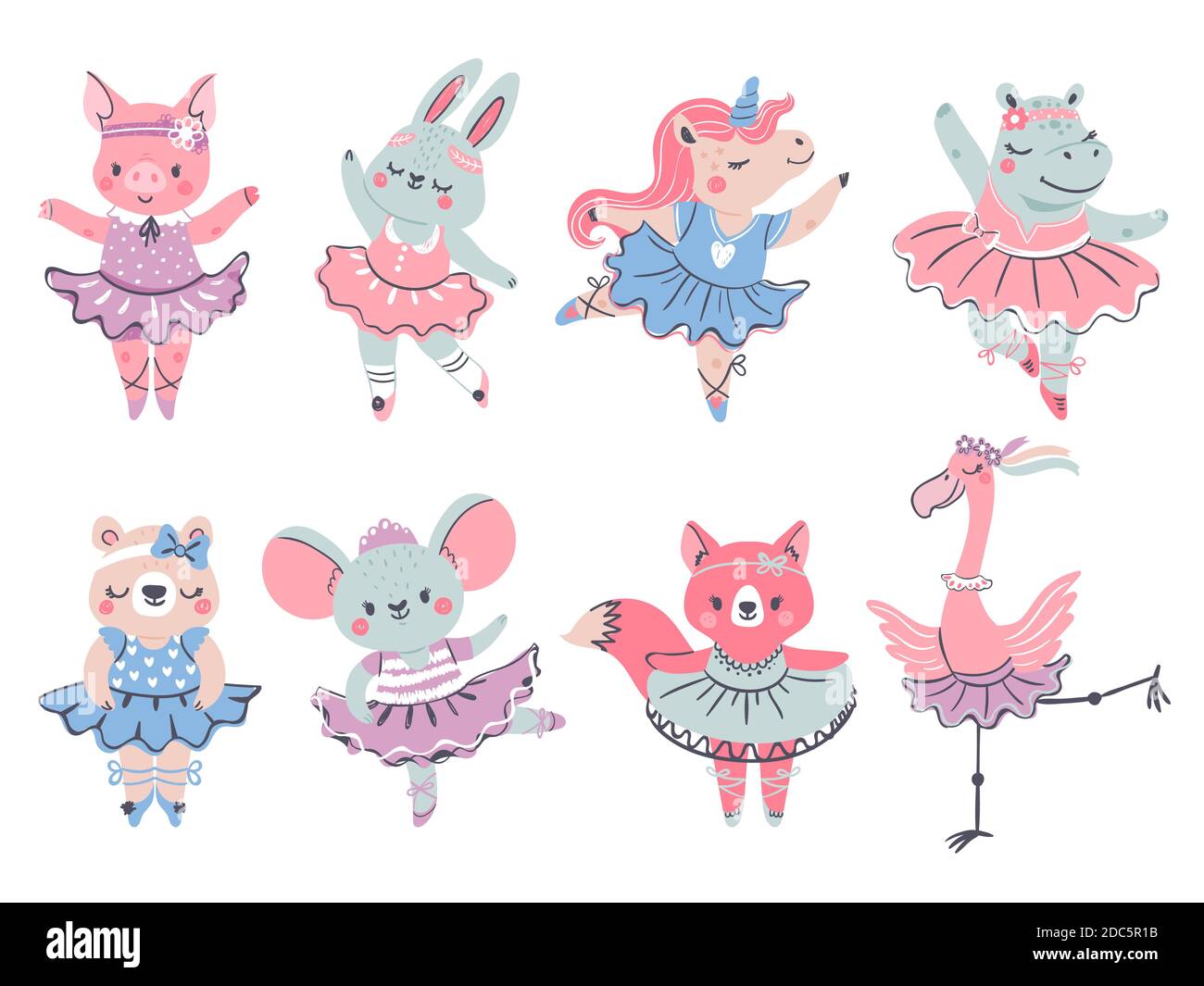 Ballet animals. Bunny, fox and unicorn ballerina in scandinavian style. Pig, bear, hippo and flamingo dance in tutu. Girl fashion vector set Stock Vector