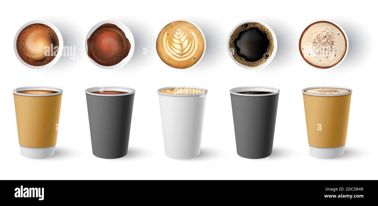 Coffee to go cup. Paper cappuccino cups top and side view. Hot