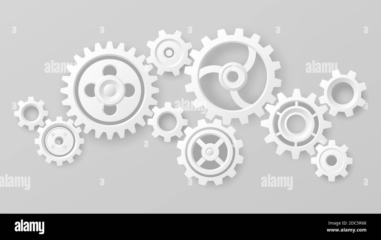 Gear wheels. Realistic 3d white cogs and gears mechanism. Teamwork cooperation machine symbolism. Engineering and technology vector concept Stock Vector