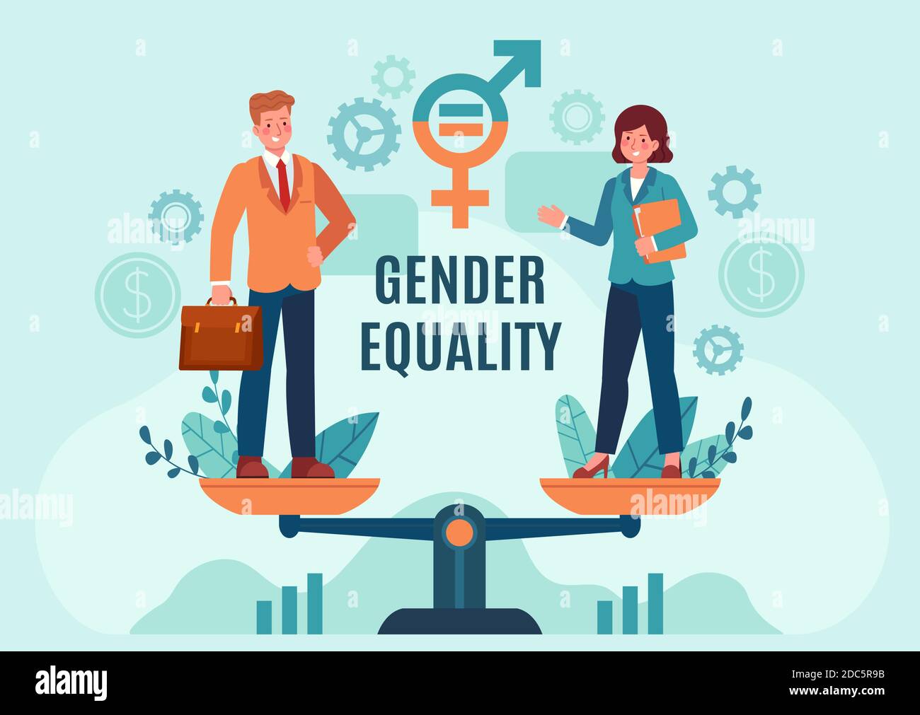 Gender business equality. Employee woman and man standing on balanced scales. Fair job opportunity and salary. Equal rights vector concept Stock Vector