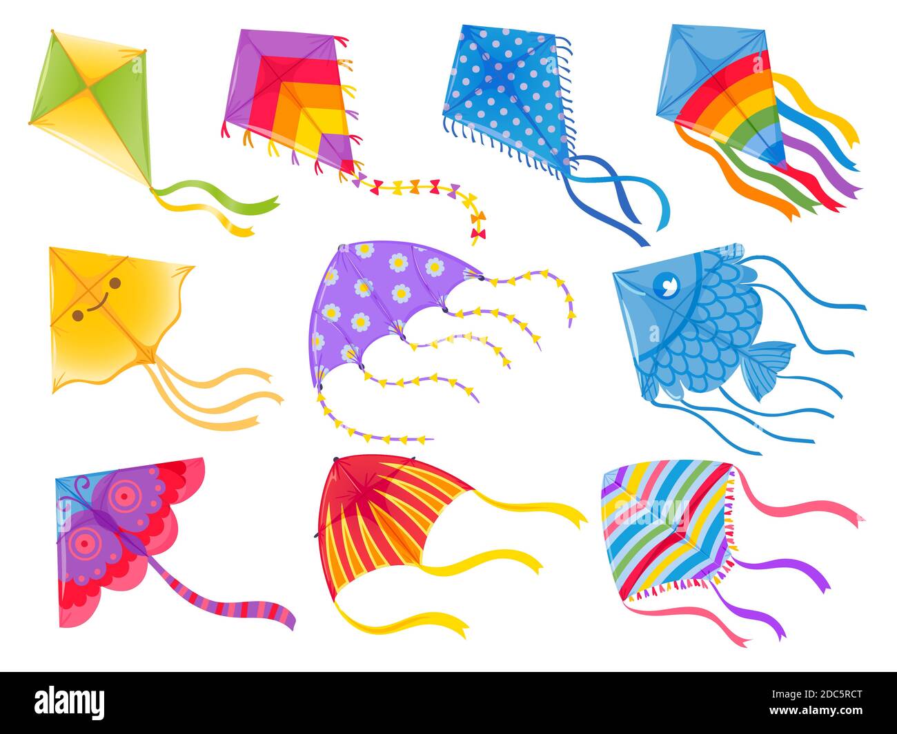Cartoon kites. Wind flying toy with ribbon and tail for kids. Makar Sankranti. Butterfly, fish and rainbow kite shape and design, vector set Stock Vector