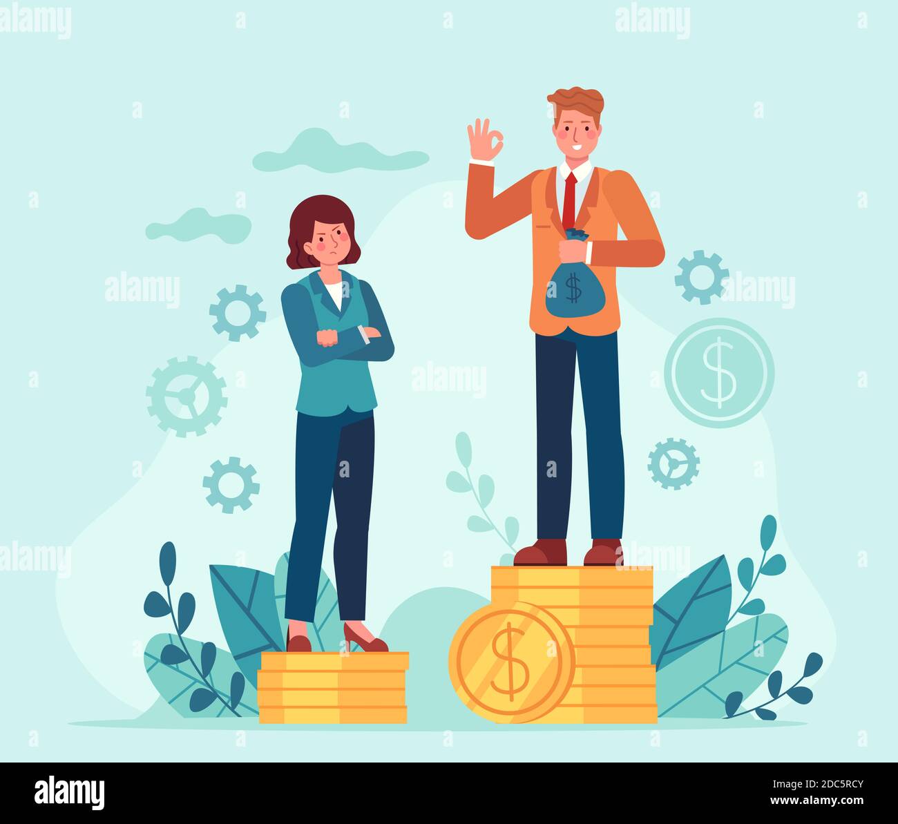 Gender salary gap. Business man and woman standing on unequal money stacks. Female discrimination. Inequality in job payment vector concept Stock Vector
