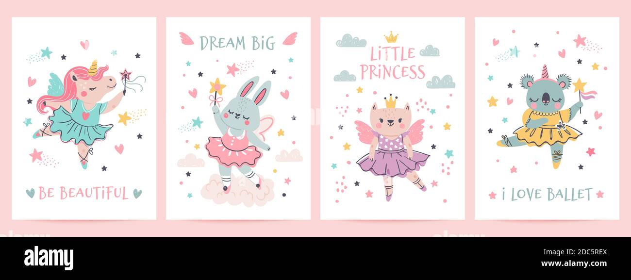 Animal princess in tutu. Magic fairy unicorn, bunny, cat and koala in ballet dresses. Scandinavian nursery ballerina print design vector set Stock Vector