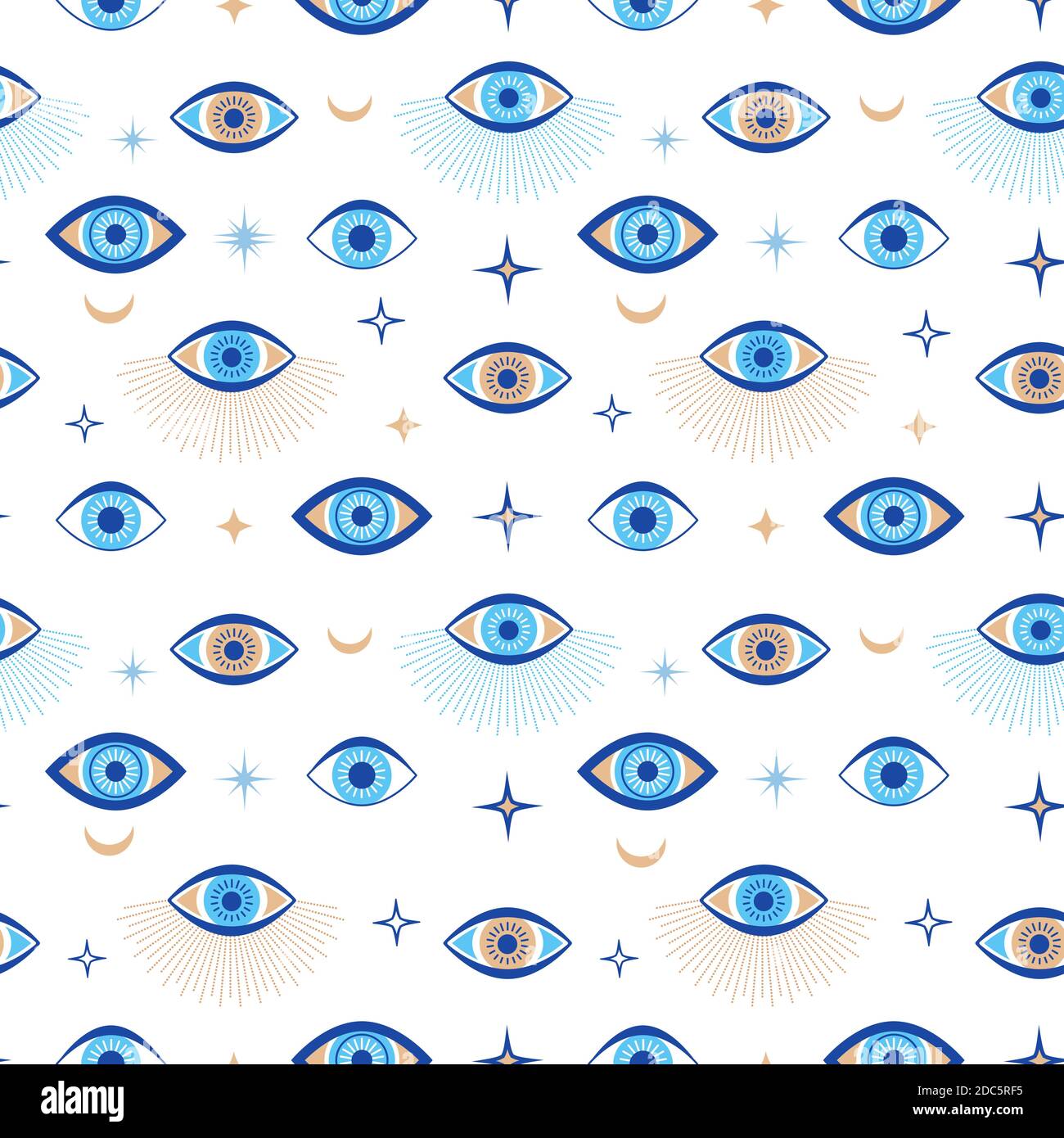 Evil eye seamless pattern. Magic talisman and occult symbol. Greek ethnic blue, white and golden third eyes. Flat vector abstract wallpaper Stock Vector