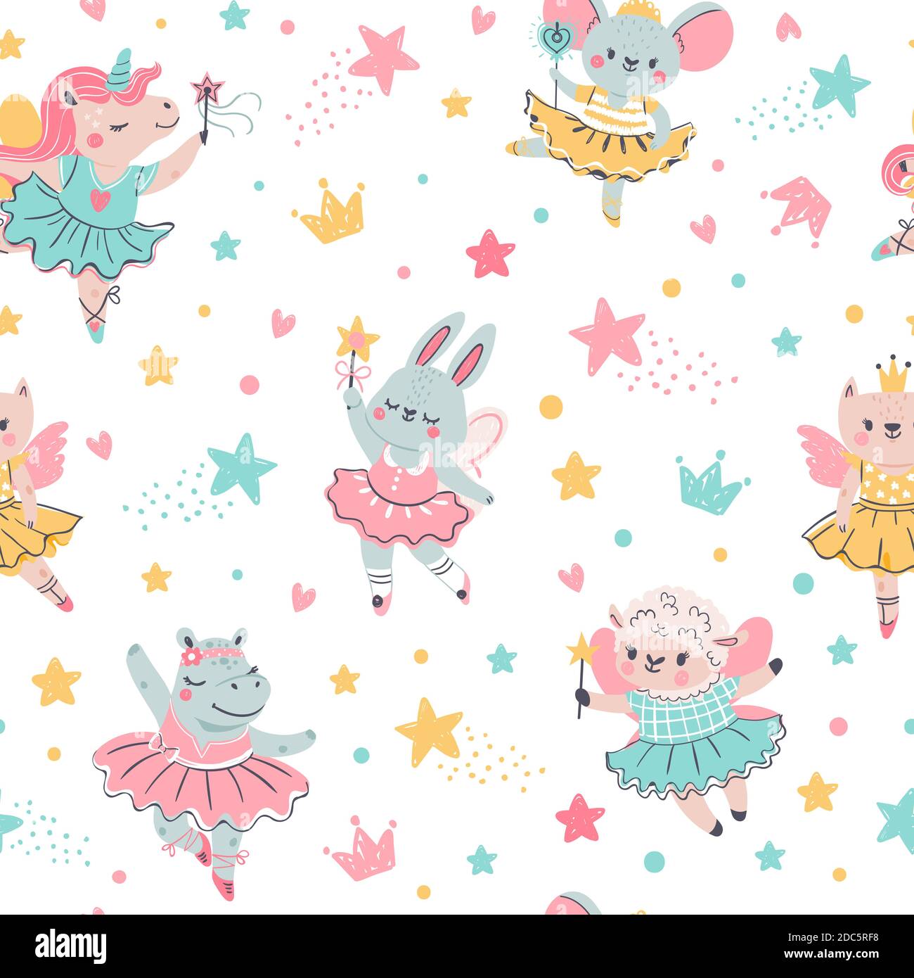 Ballerina animal seamless pattern. Hand drawn baby bunny, unicorn, mouse in ballet tutu. Girls birthday, baby shower, t-shirt vector print Stock Vector