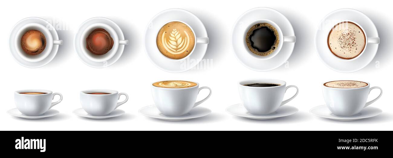 Coffee cup. Realistic hot ristretto, espresso, foam americano, latte and cappuccino with cream in cups. Mug front and top view 3d vector set Stock Vector