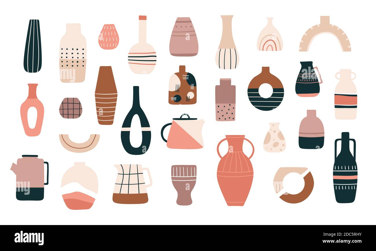 Scandinavian vases. Ceramic jugs, pots and teapots in minimalistic trendy style. Decorative pitcher, antique pottery cup and vase vector set Stock Vector