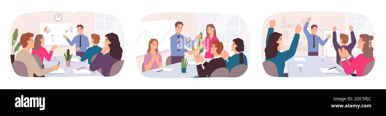 Business deal success. Office people discuss idea at meeting, partnership handshake, team celebration. Employee career growth vector concept Stock Vector