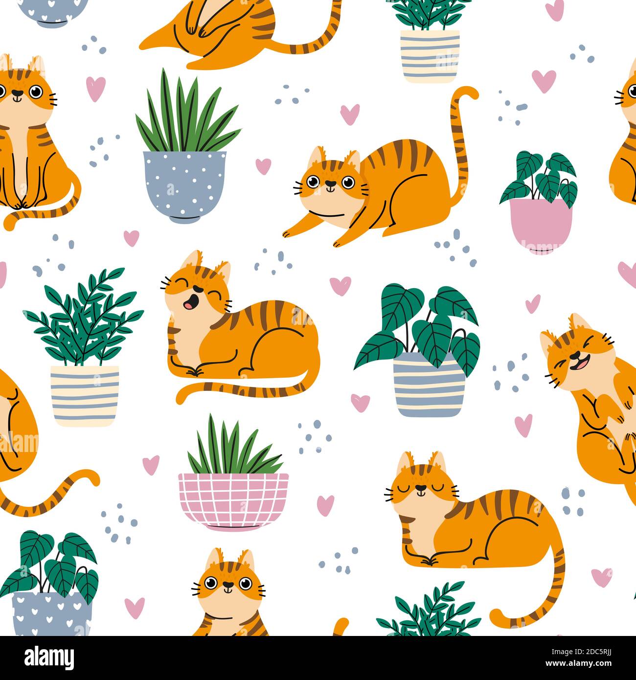 Cat seamless pattern. Red cats and plants in pots repeated wallpaper in scandinavian style. Cartoon funny kittens print, vector background Stock Vector