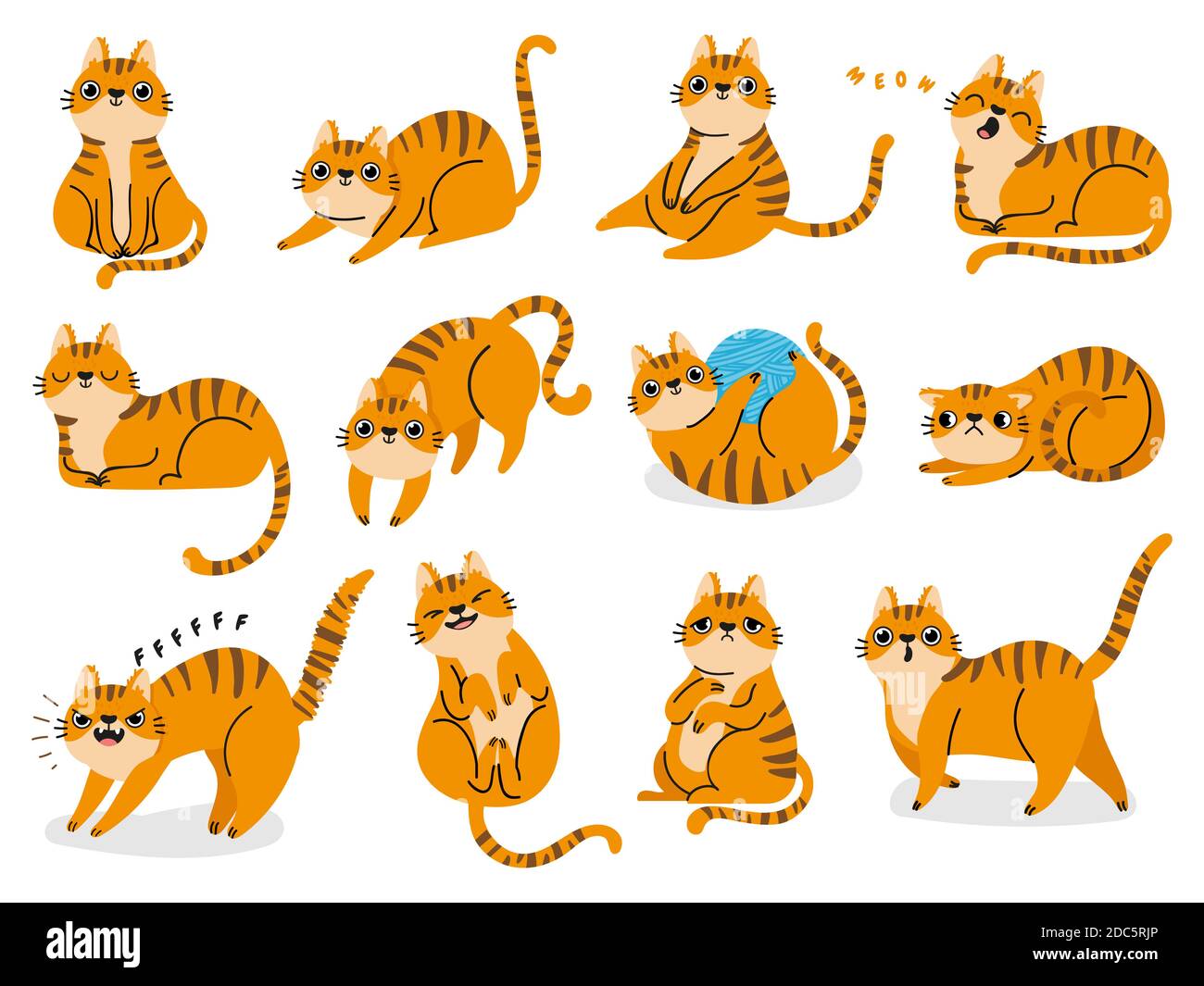 Cat poses. Cartoon red fat striped cats emotions and behavior. Animal pet kitten playful, sleeping and scared. Cat body language vector set Stock Vector