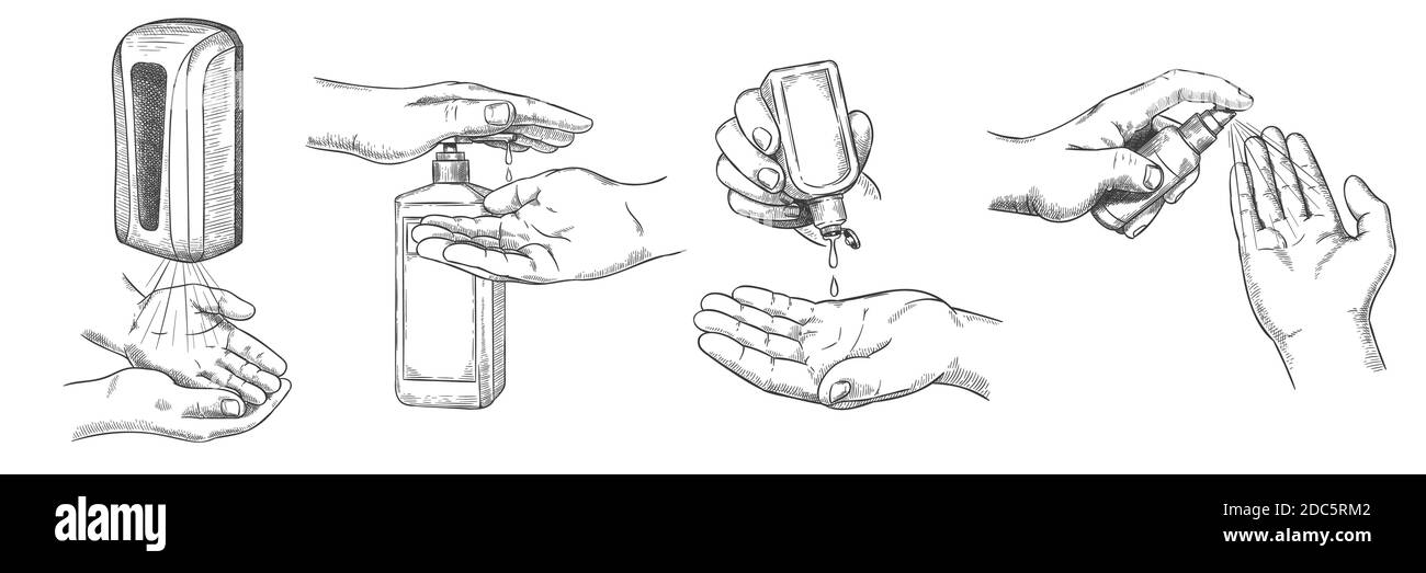 Sketch hands sanitizers. Person clean hand with alcohol gel, wall sanitizer, spray and antiseptic in bottle. Prevention covid-19 vector set Stock Vector