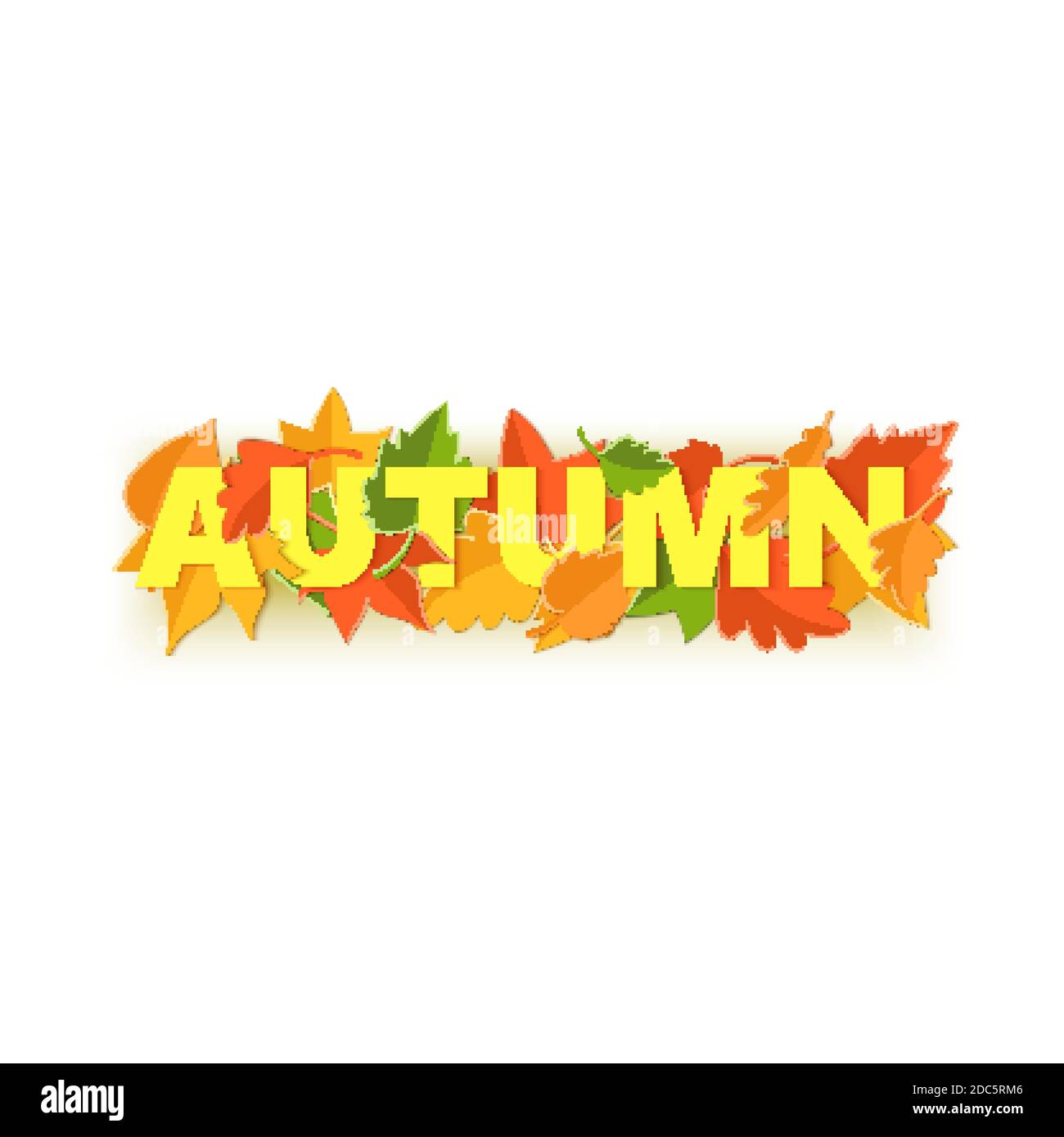 Word AUTUMN composition with green yellow red leaves on white background in paper cut style. Fall leaf realistic yellow letters for design poster Stock Vector