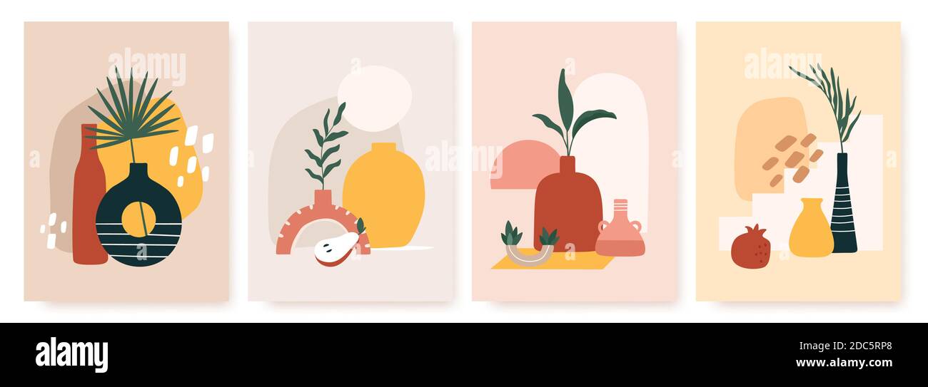 Abstract posters with vases. Trendy still life collage with pot, fruit, vase and tropical palm leaf. Hand drawn minimalist shape vector set Stock Vector