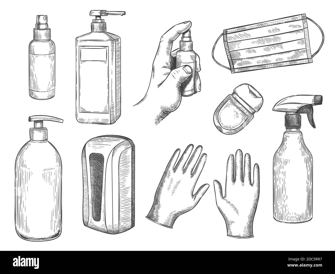 Sketch sanitizer bottle. Personal protective equipment. Medical mask, gloves, liquid soap and antibacterial spray. PPE hand drawn vector set Stock Vector