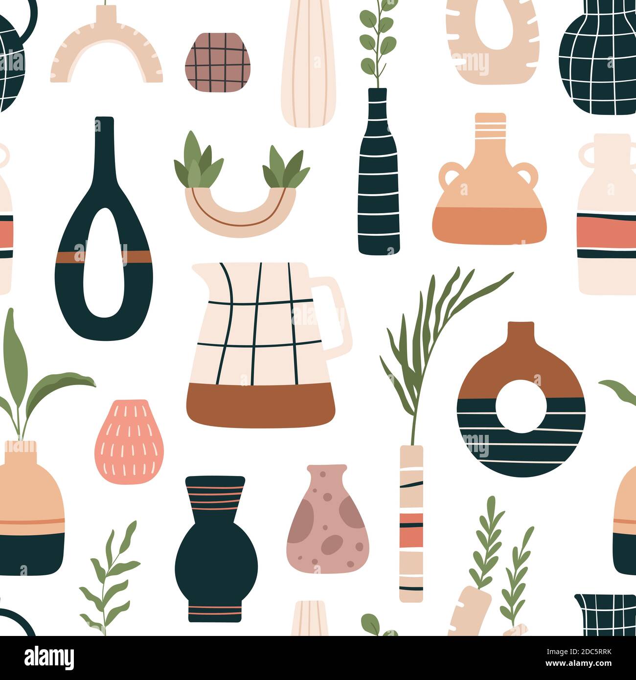 Vase seamless pattern. Ceramic vases, jugs and jars with tropical