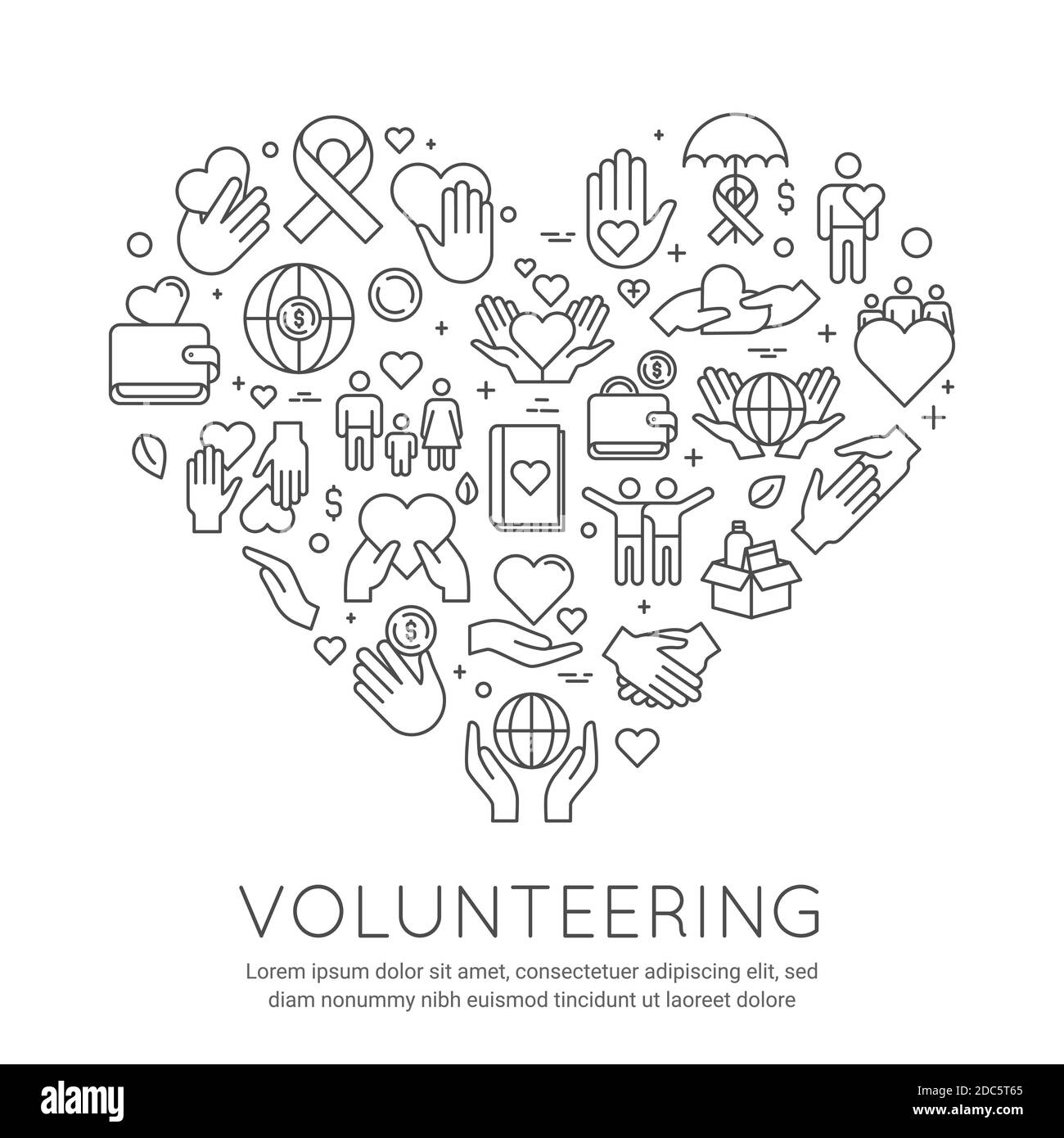 Volunteer line poster. Charity and donation banner, heart shaped icons. Social care voluntary work. Activity helping people, vector concept Stock Vector