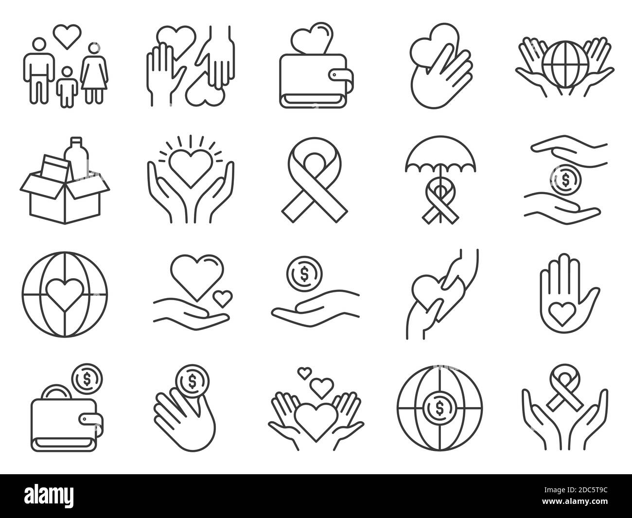 Charity and donation icon. Hands donating money and hearts. Community support icons. Family adopt, food help, aids, love and care vector set Stock Vector