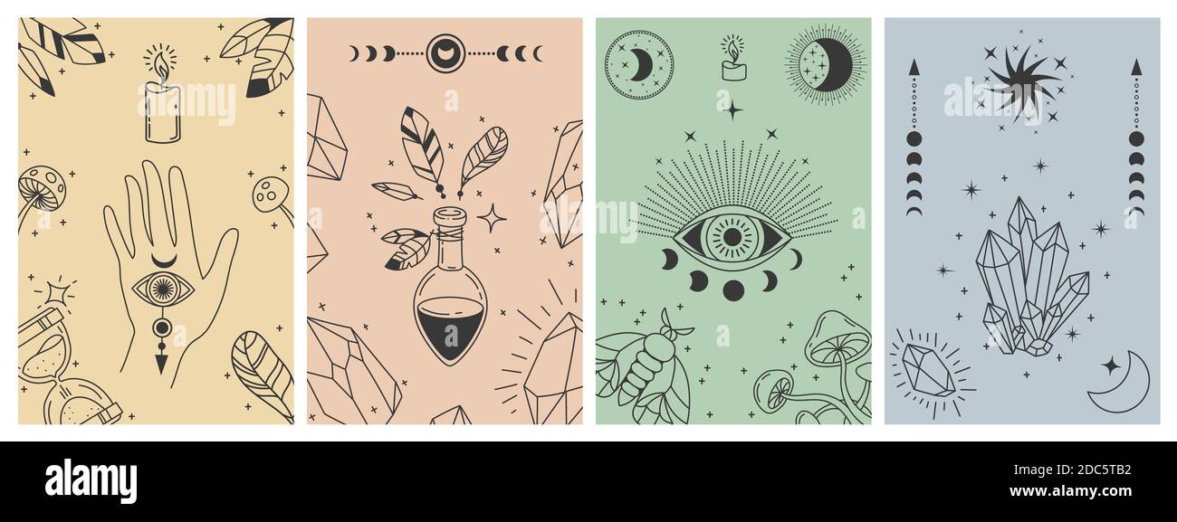 Mystical boho posters. Esoteric line prints with astrology symbols, crystals, potion, evil eye and occult hand. Tarot card vector concepts Stock Vector