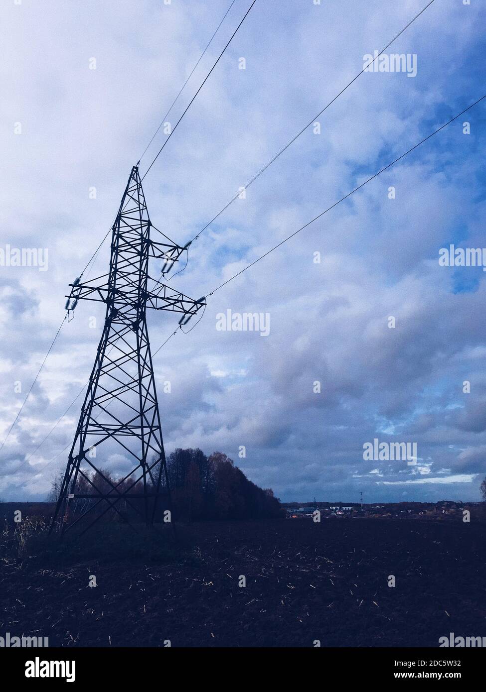 Power line, Highvoltage tower for transmission of electricity Stock