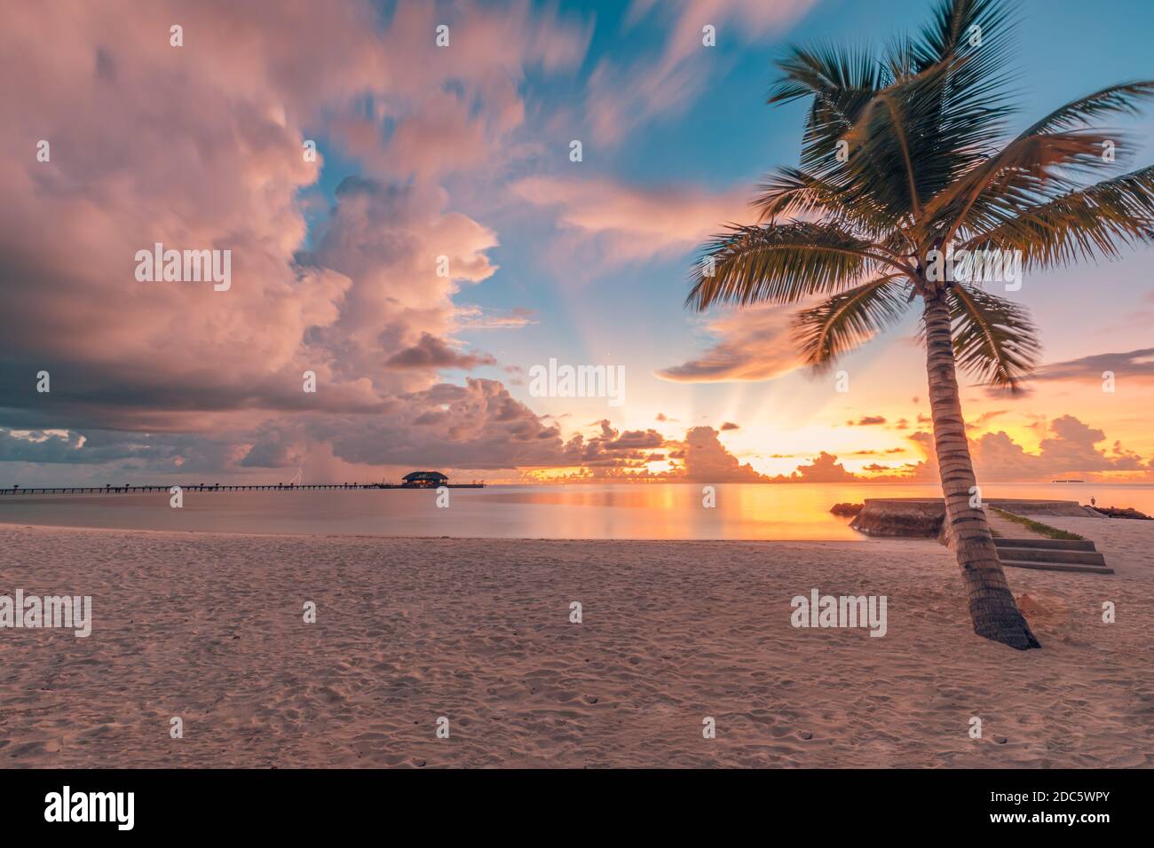 Coconut palms on sand beach in tropical island. Art beautiful sunrise over the tropical beach, paradise landscape, romantic summer destination Stock Photo
