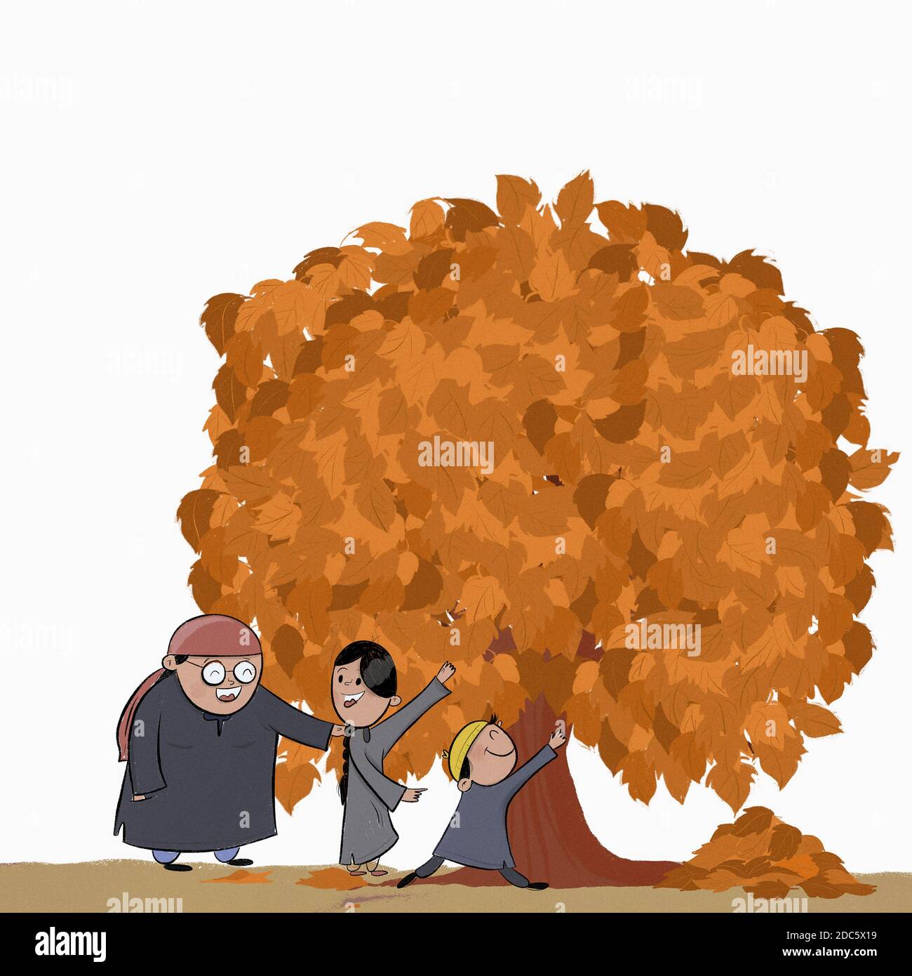 Kashmiri family playing under autumn tree, Booni, Jammu and Kashmir Stock Photo