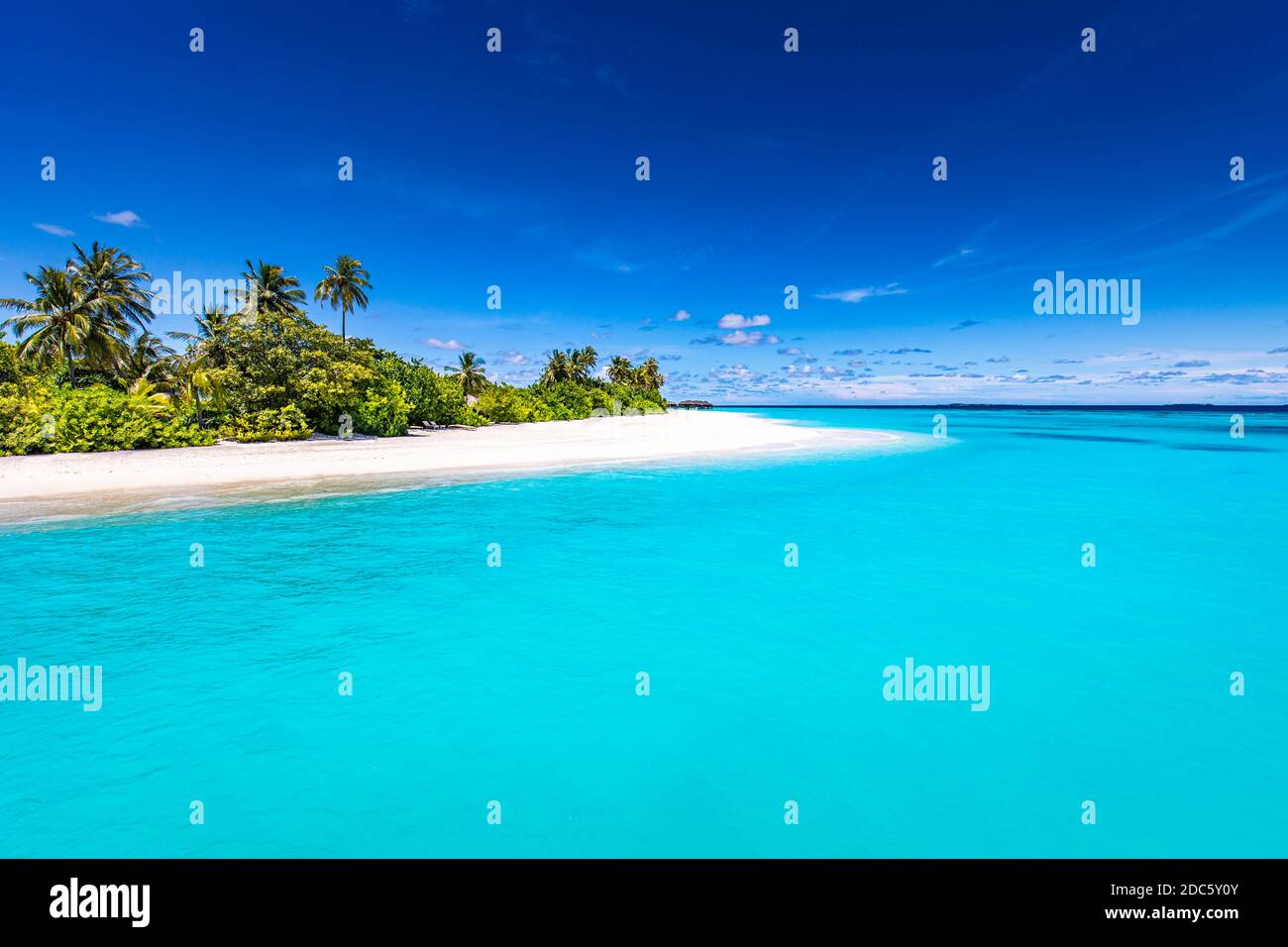 Tranquil beach scene. Sunny exotic tropical beach landscape for background or wallpaper. Design of summer vacation holiday concept. Luxury travel view Stock Photo