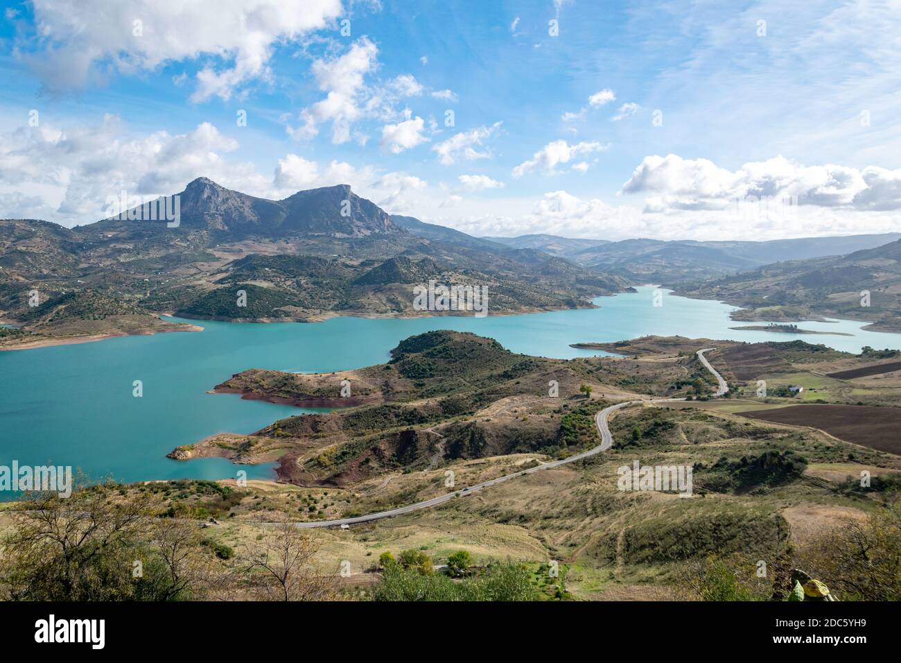 a landscape image of the lake and hills surrounding Zahara de la Sierra ...