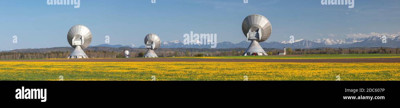 geography / travel, Germany, Bavaria, Raisting, ground station Raisting in front of Benediktenwand, Jo, Additional-Rights-Clearance-Info-Not-Available Stock Photo