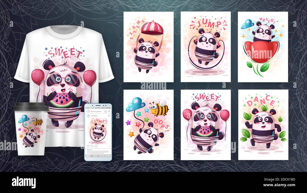 Set cute panda poster and merchandising Stock Vector