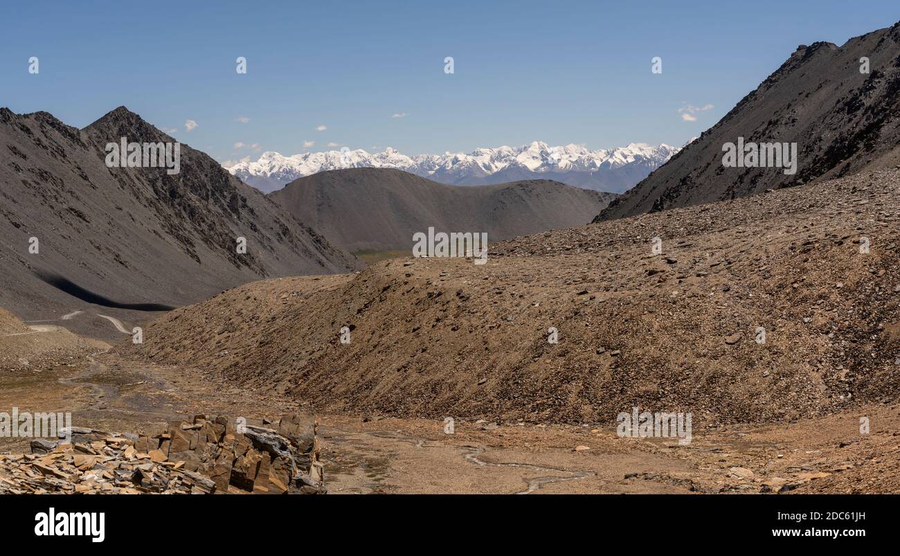 Mountains with lakes and snow on the mountains in Kyrgystan. Stock Photo