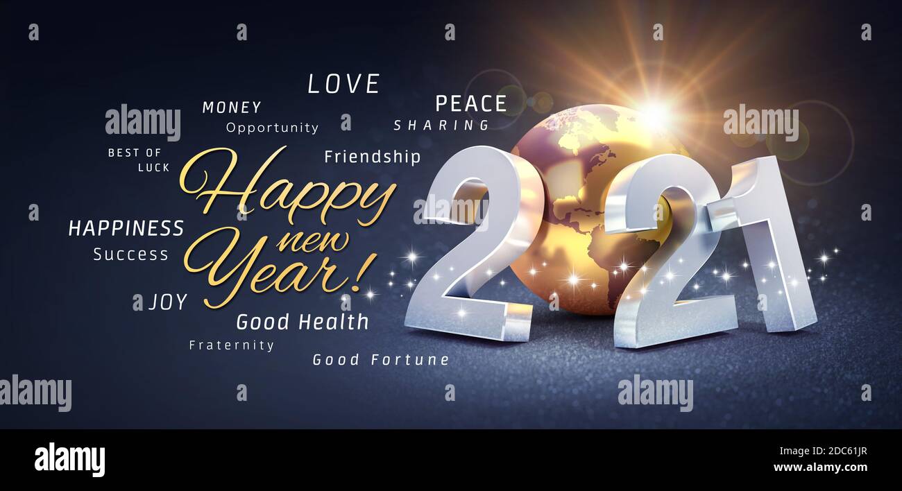 Happy New Year greetings, best wishes and 2021 date number, composed with a gold colored planet earth, on a festive black background, with glitters an Stock Photo