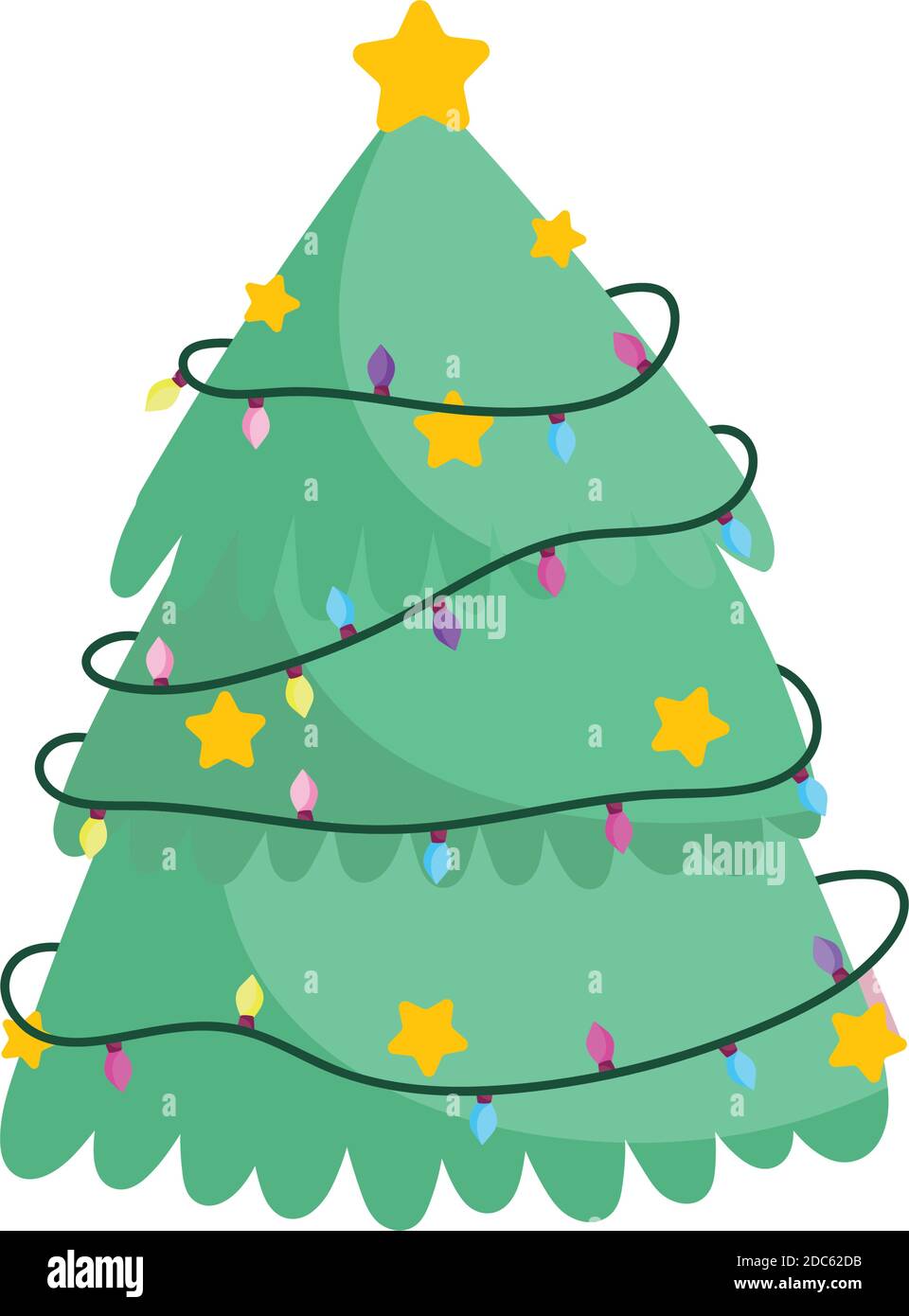 merry christmas, tree with golden stars and lights celebration icon ...