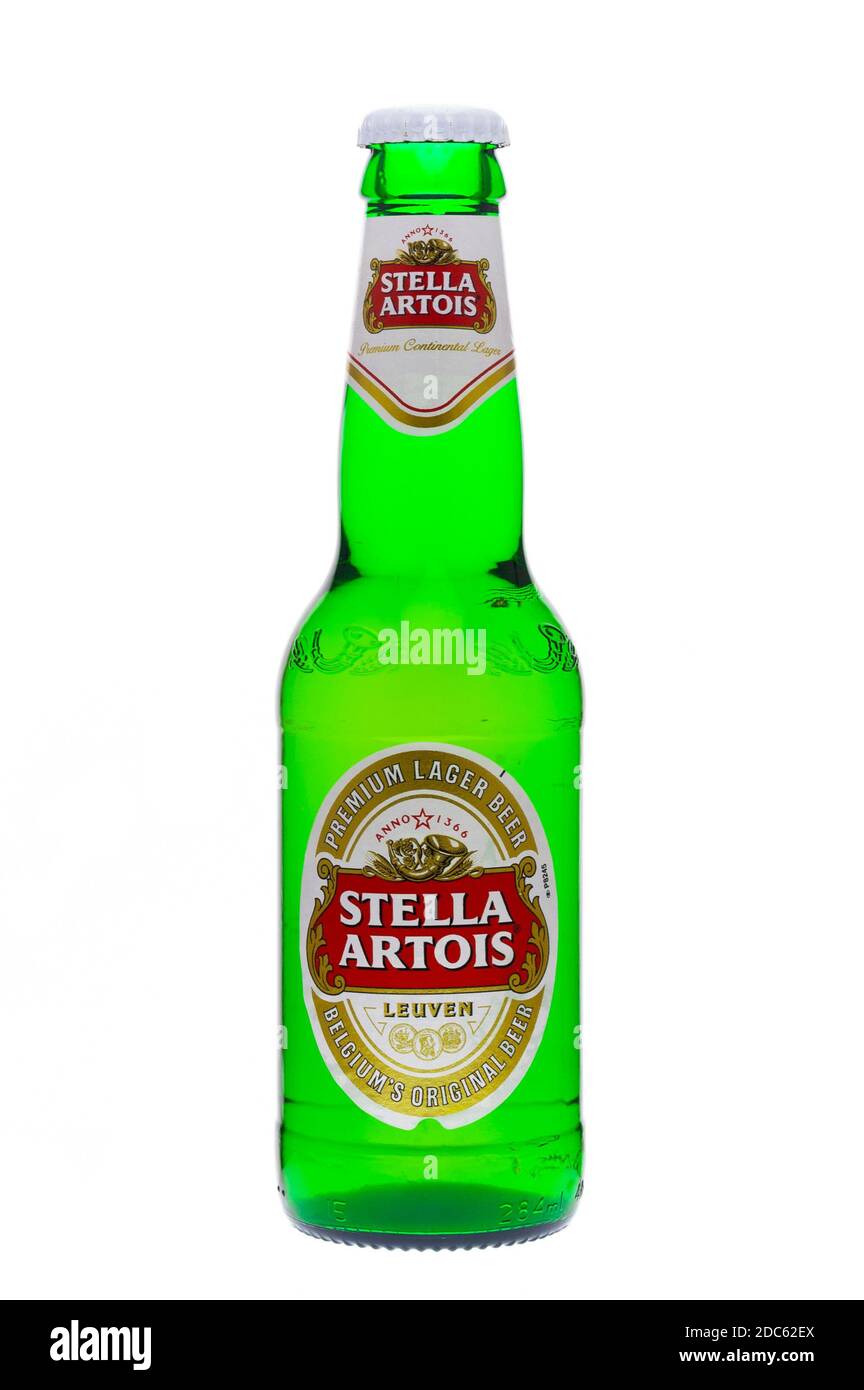 Bottle of Stella Artois Pilsner Beer, Stella Artois is a Belgian beer first introduced in 1926 Stock Photo