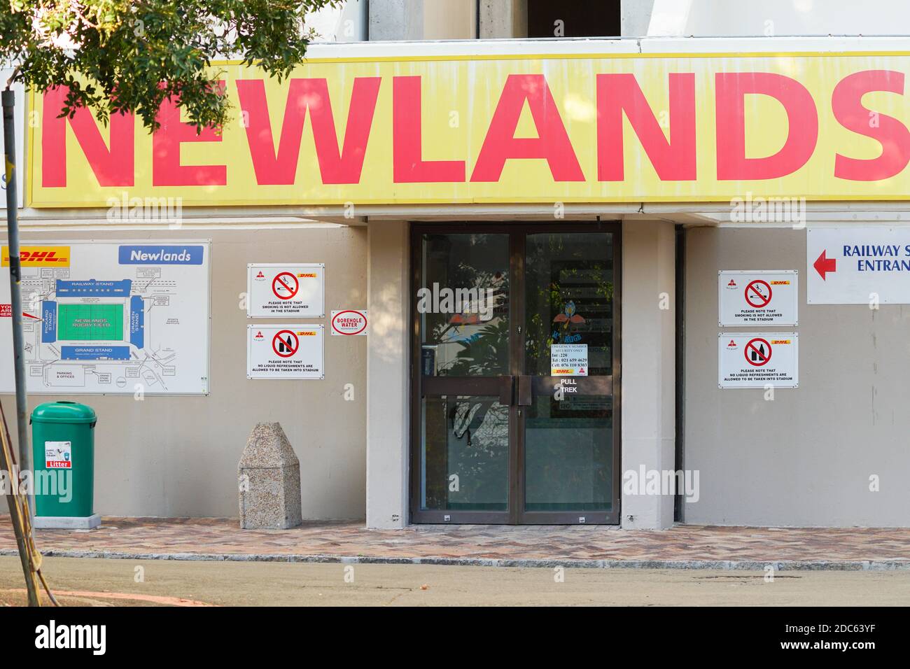 Newlands rugby stadium entrance with Western Province rugby logo on the glass doors which are closed in Cape Town, South Africa Stock Photo