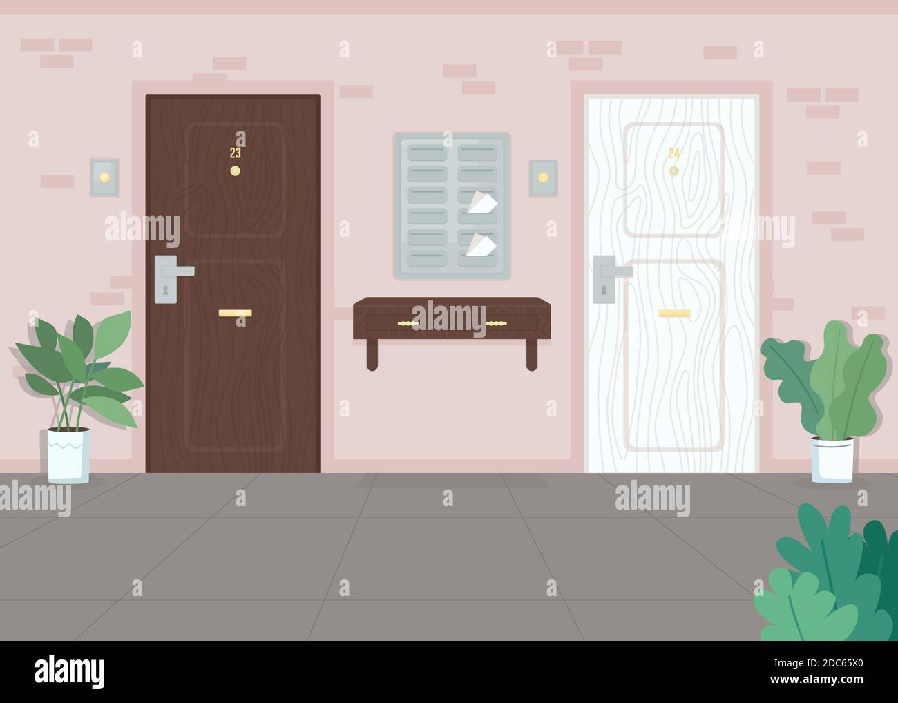 Neighbor apartment doors flat color vector illustration Stock Vector