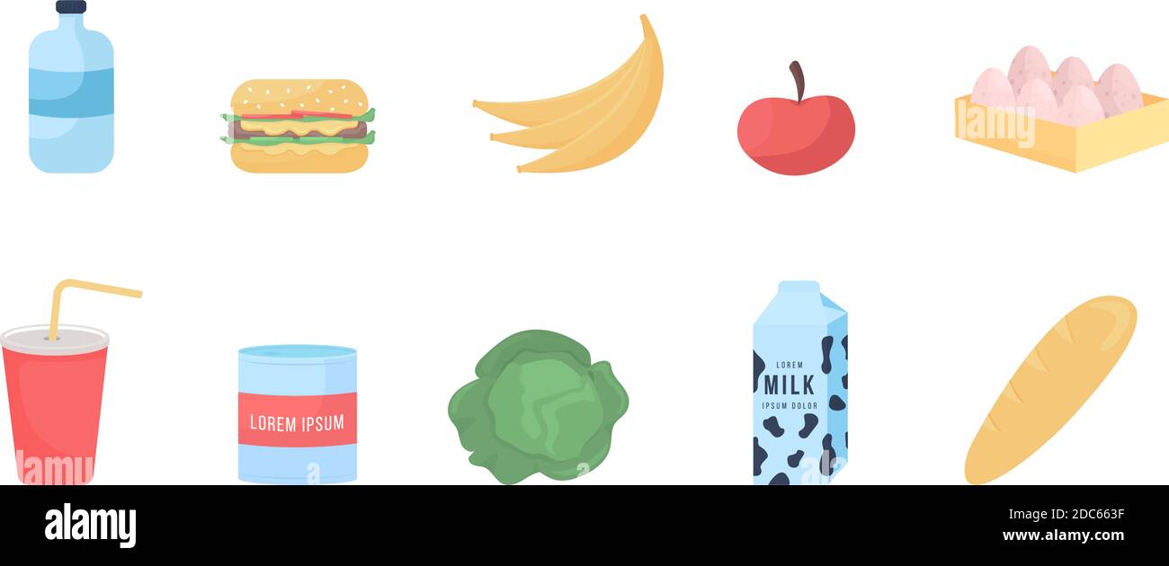 Grocery food flat color vector object set Stock Vector