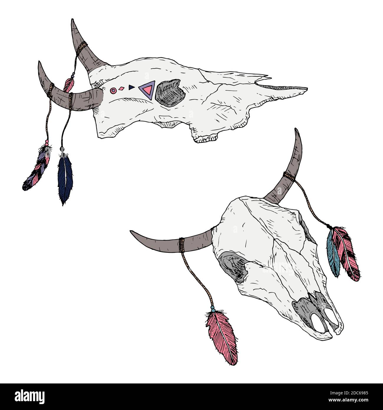 Bull skulls with feathers on horns. Boho style. Vector illustrations. Isolated on white. Hand-drawn style. Stock Vector