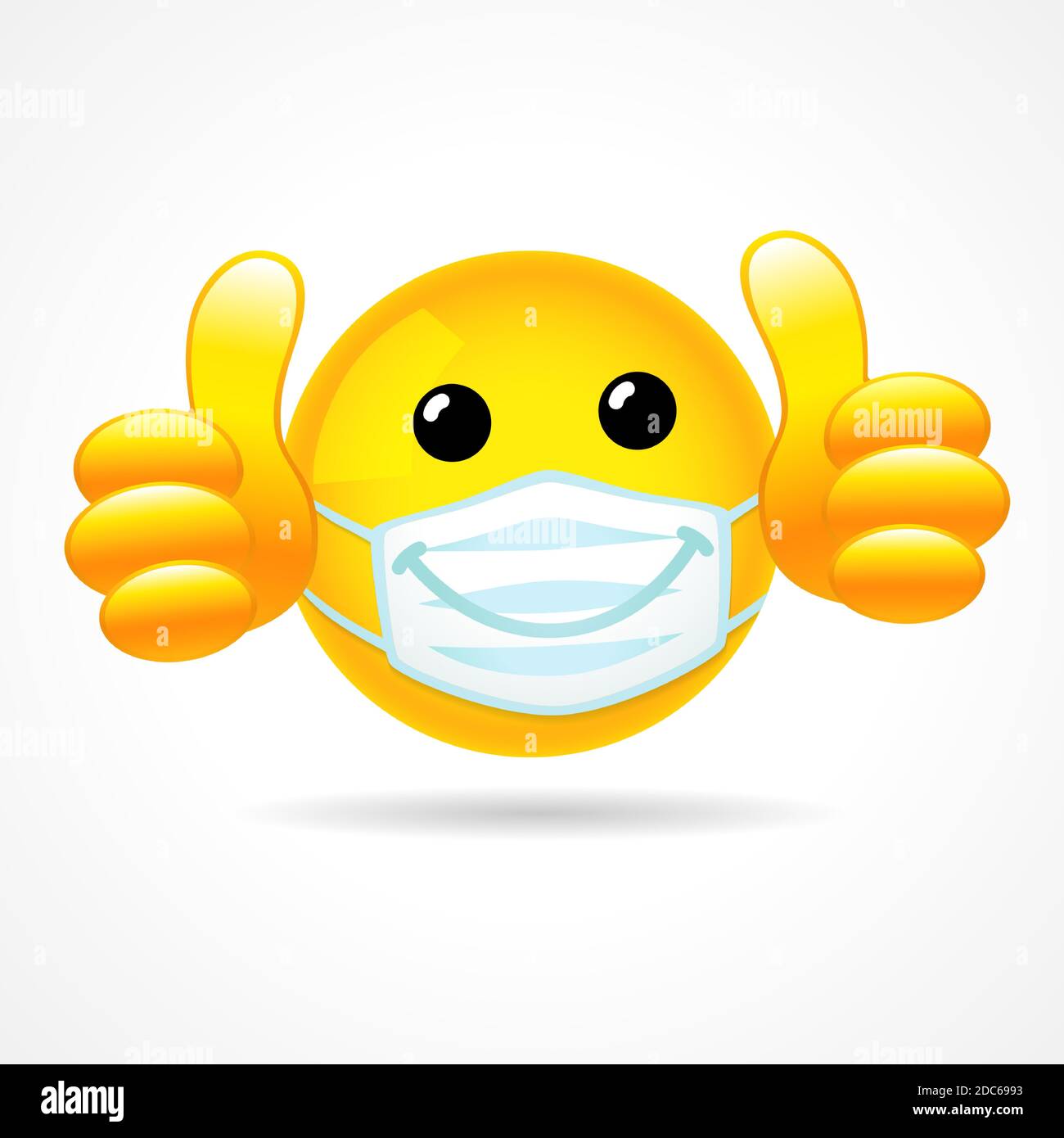 Emoji smile face with protective mouth mask showing thumb up. Yellow emoticon 3D smiling icon in a white surgical mask. Comment for social distance Stock Vector