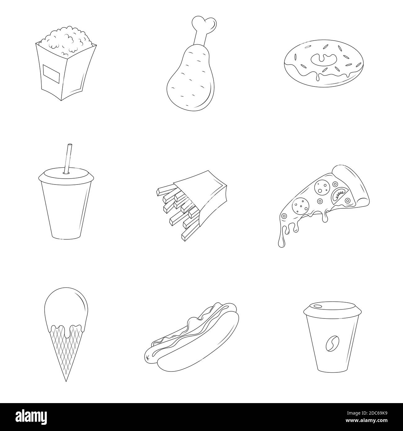 Fast food set. Isolated objects on a white background. Line icons. Stock Vector
