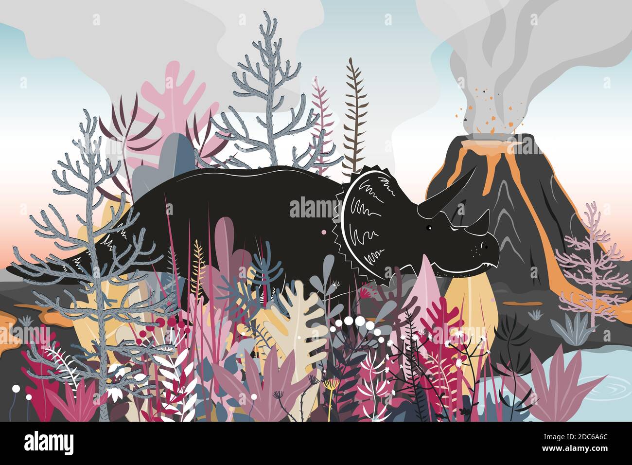 Triceratops dinosaurs walk through a forested area to the lake. Volcano landscape background. Vector illustration Stock Vector