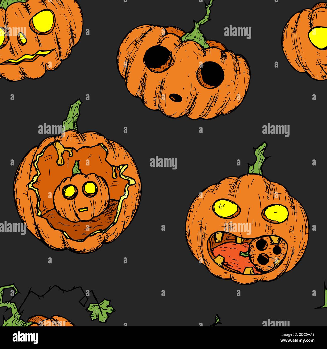 Seamless pattern of halloween pumpkins. Vector cartoon background. Hand ...