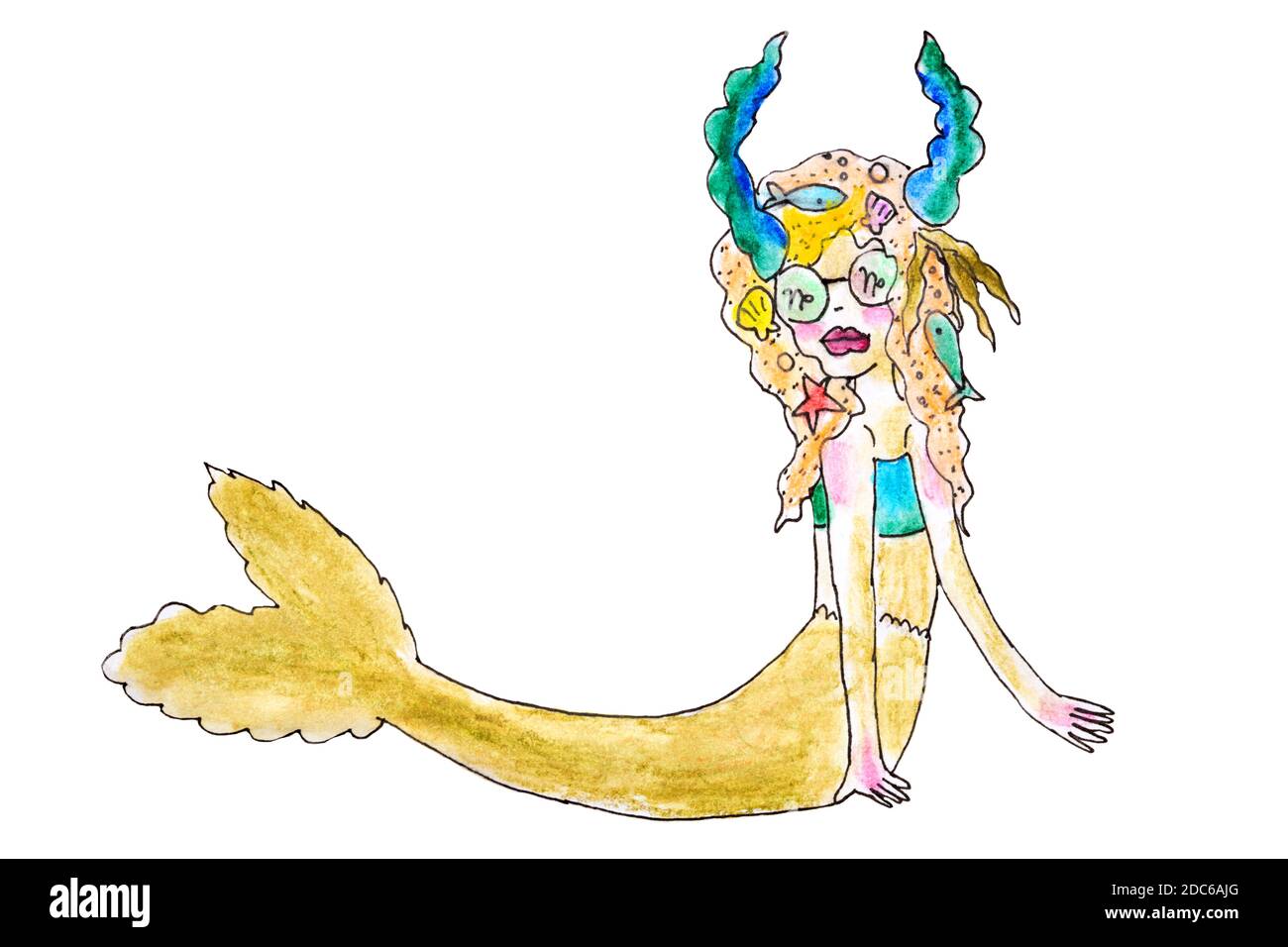 mermaid with green horns on a white background Stock Photo