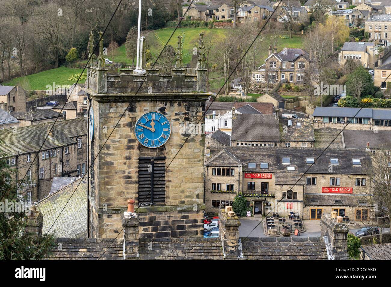 elevated view of the clock and tower of holy trinity church, holmfirth ...