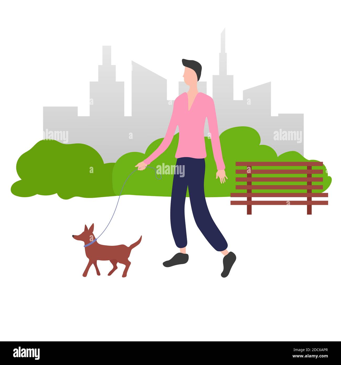 A man with a dog walking in a park. Vector illustration. Flat design ...